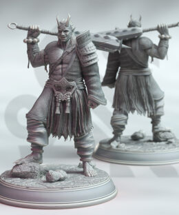 An oni wielding a large club while standing on a rocky base