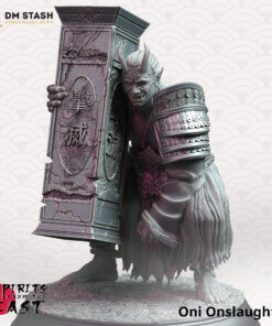 An Oni wielding a large pillar with japaneese writing on it.