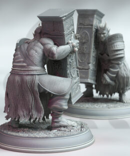 An Oni wielding a large pillar with japaneese writing on it.