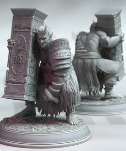 An Oni wielding a large pillar with japaneese writing on it.