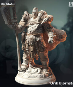 A big male human holding a giant axe wearing leather armor as a physical miniature for dungeons and dragons