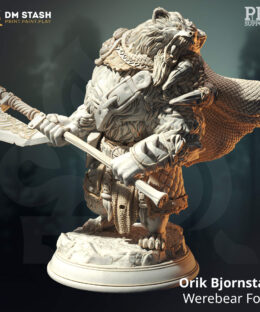 A big bear holding a giant axe wearing leather armor as a physical miniature for dungeons and dragons