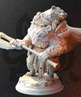 A big bear holding a giant axe wearing leather armor as a physical miniature for dungeons and dragons