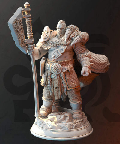 A big male human holding a giant axe wearing leather armor as a physical miniature for dungeons and dragons
