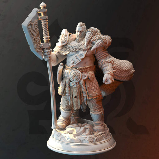 A big male human holding a giant axe wearing leather armor as a physical miniature for dungeons and dragons