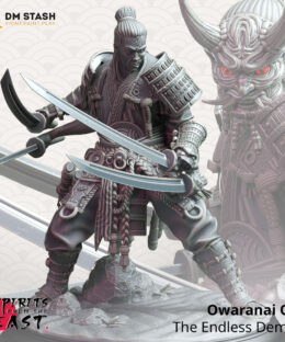 A Samurai with four arms wielding four katana's while standing in a figh stance