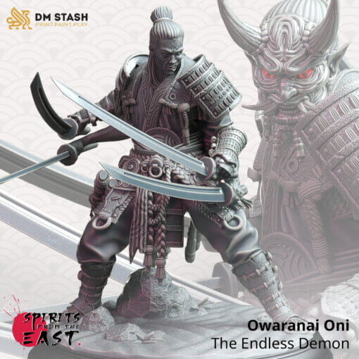 A Samurai with four arms wielding four katana's while standing in a figh stance