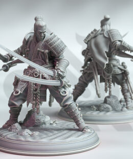 A Samurai with four arms wielding four katana's while standing in a figh stance