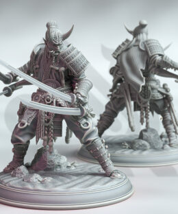 A Samurai wearing a mask with four arms wielding four katana's while standing in a figh stance