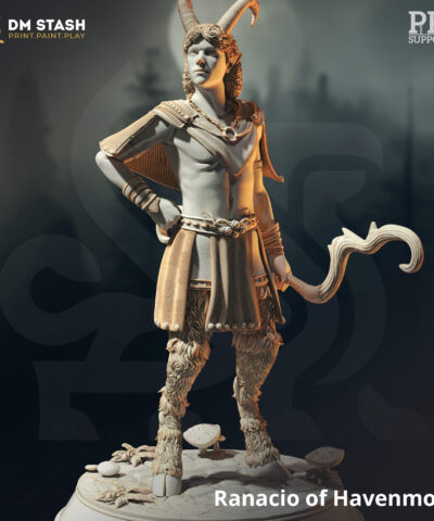 A young man with the legs and horns of a goat holding a bow while standing on a ground filled with mushrooms as a physical miniature for dungeons and dragons