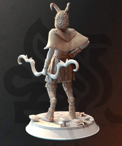 A young man with the legs and horns of a goat holding a bow while standing on a ground filled with mushrooms as a physical miniature for dungeons and dragons