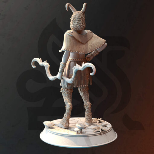 A young man with the legs and horns of a goat holding a bow while standing on a ground filled with mushrooms as a physical miniature for dungeons and dragons