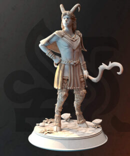 A young man with the legs and horns of a goat holding a bow while standing on a ground filled with mushrooms as a physical miniature for dungeons and dragons