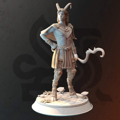 A young man with the legs and horns of a goat holding a bow while standing on a ground filled with mushrooms as a physical miniature for dungeons and dragons