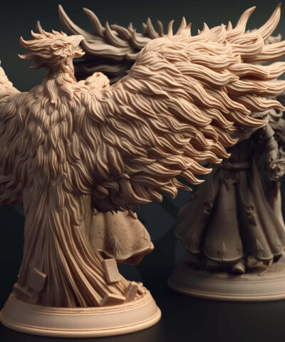 A magic holding mage with a big phoenix like bird behind him.