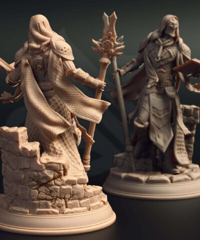 A masked mage holding a staff and book while wearing robes