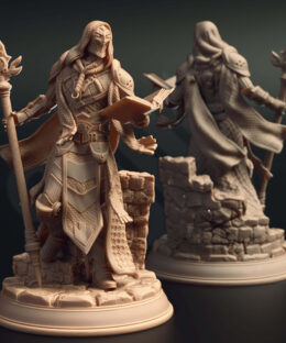 A masked mage holding a staff and book while wearing robes