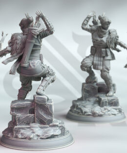 A woman wielding a bow while reaching for an arrow on her back, while standing on a rocky base.