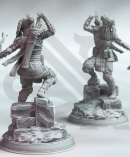 A woman wielding a bow while reaching for an arrow on her back, while standing on a rocky base.