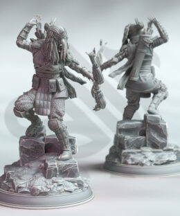 A woman wielding a bow while reaching for an arrow on her back, while standing on a rocky base.