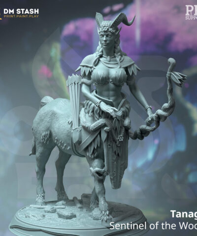 A centaur woman holding a woonden bow and arrows.