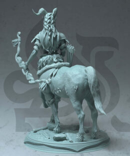 A centaur woman holding a woonden bow and arrows.