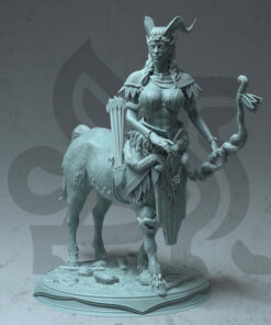 A centaur woman holding a woonden bow and arrows.