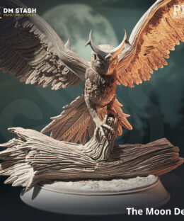An owl style miniature standing on a log with it's wings wide open as a physical miniature for dungeons and dragons