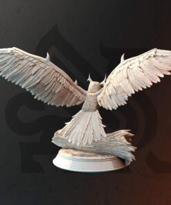 An owl style miniature standing on a log with it's wings wide open as a physical miniature for dungeons and dragons
