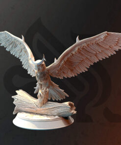 An owl style miniature standing on a log with it's wings wide open as a physical miniature for dungeons and dragons