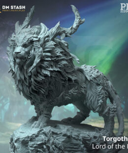 a fey touched lion with fur and leaves. It's standing a rock base.