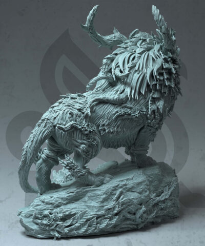 a fey touched lion with fur and leaves. It's standing a rock base.
