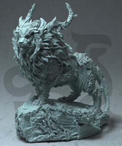 a fey touched lion with fur and leaves. It's standing a rock base.