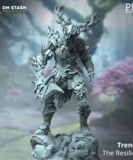 A tree ike character standing on a base with loads of roots. It's holding a sword made out of wood and is wearing a skullmask.