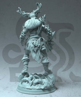 A tree ike character standing on a base with loads of roots. It's holding a sword made out of wood and is wearing a skullmask.