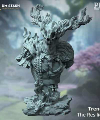 a bust of a tree-like man with a skullmask