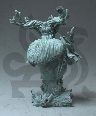 a bust of a tree-like man with a skullmask