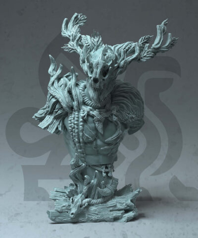a bust of a tree-like man with a skullmask
