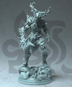 A tree ike character standing on a base with loads of roots. It's holding a sword made out of wood and is wearing a skullmask.