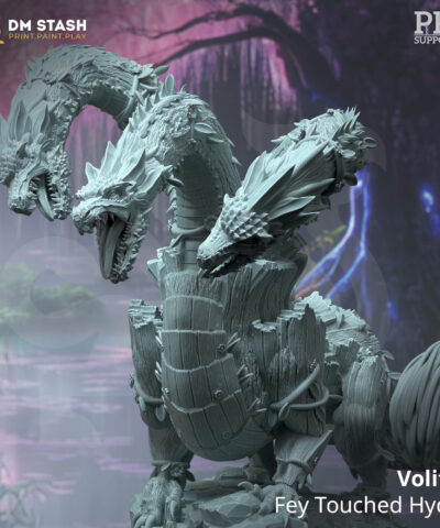 A three headed dragon or hydra with a blue gray color. It's a fey touched hydra