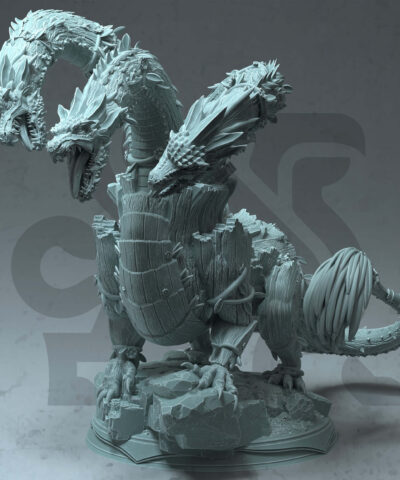 A three headed dragon or hydra with a blue gray color. It's a fey touched hydra