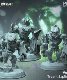 Three tree like characters with the name treant saplings standing on bases.