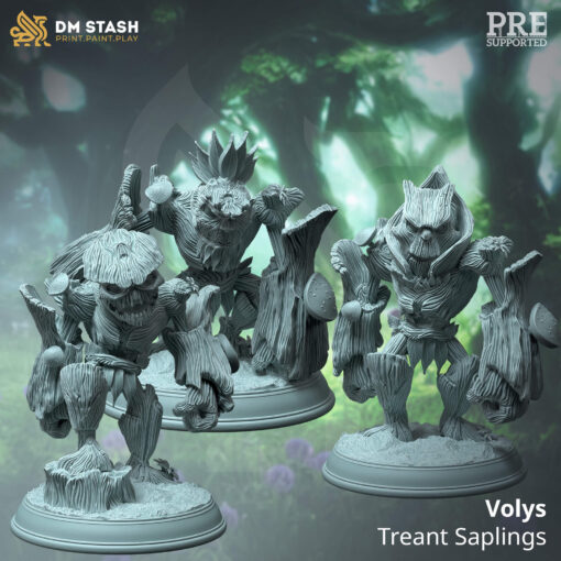 Three tree like characters with the name treant saplings standing on bases.