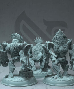 Three tree like characters with the name treant saplings standing on bases.