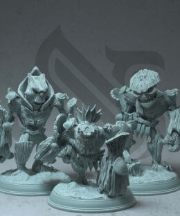 Three tree like characters with the name treant saplings standing on bases.