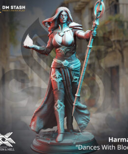 An angel with a staff holding magic in her hand , it's a physical print for dungeons and dragons