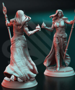 An angel with a staff holding magic in her hand , it's a physical print for dungeons and dragons