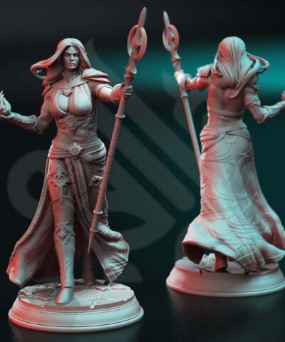 An angel with a staff holding magic in her hand , it's a physical print for dungeons and dragons