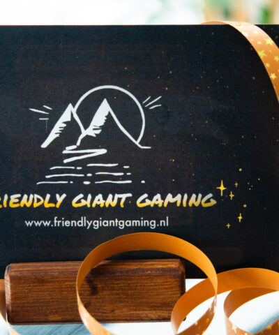 The rear side of a gift card with a Friendly Giant Gaming logo