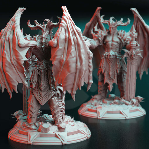 Giant demon with wings and a gigantic sword and four horns , it's a physical print for dungeons and dragons